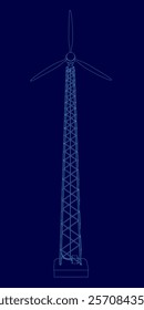 Tall wind turbine is shown in blue. The image is a stylized drawing of the turbine