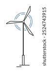 A tall wind turbine with three blades on a simple stand, with blue motion lines indicating rotation. Ideal for renewable energy, green technology, sustainability, environmental conservation, and clean