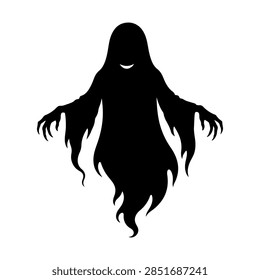 Tall Wispy Tattered Ghost Vector Silhouette, Eerie Halloween Specter Illustration