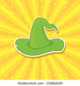  tall witch green hat isolated on star rays orange abstract background. vector 	 wizard or magician green hat.