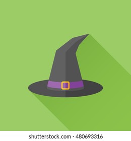 Tall witch hat flat icon with long shadow on green background. Vector illustration.
