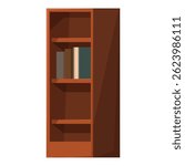 Tall wooden bookcase standing with books on shelf, a classic piece of furniture for storing and displaying books