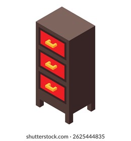 Tall wooden cabinet standing with red drawers and gold handles is an isometric furniture illustration