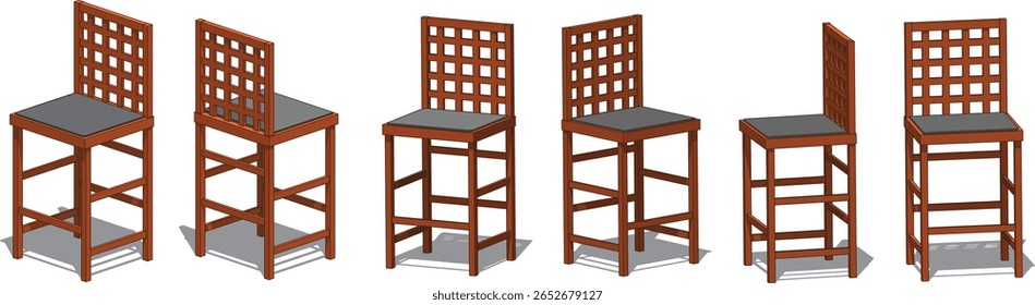 Uma cadeira de madeira alta com um encosto reticulado, um assento cinza almofadado e suportes resistentes - clássico, mas versátil, perfeito para espaços rústicos ou modernos, especialmente para balcões altos ou assentos de bar.