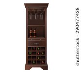 tall wooden wine bar cabinet with bottles and glasses 