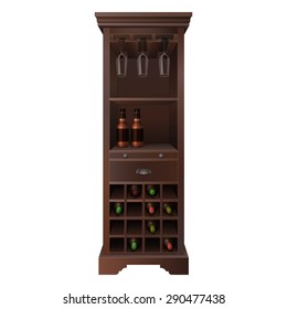 tall wooden wine bar cabinet with bottles and glasses 
