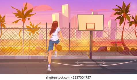 Tall young woman playing basketball on street court. Vector cartoon illustration of female player dribbling ball near basket, palm trees and sunset city buildings on background. Active lifestyle