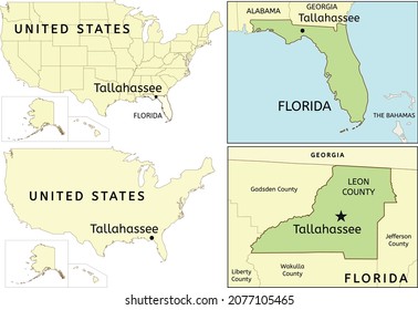 Tallahassee city location on USA, Florida state and Leon County map