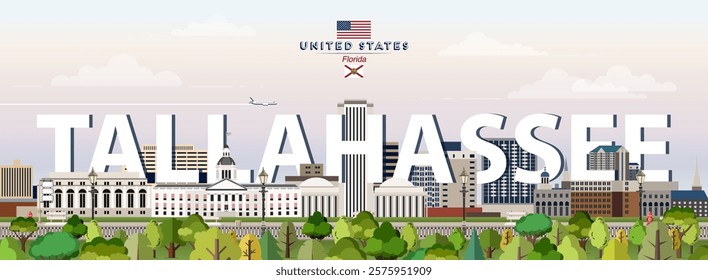 Tallahassee city skyline colorful vector illustration. Travel poster