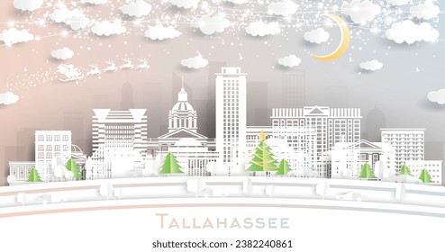 Tallahassee Florida. Winter city skyline in paper cut style with snowflakes, moon and neon garland. Christmas, new year concept. Santa Claus on sleigh. Tallahassee USA cityscape with landmarks.