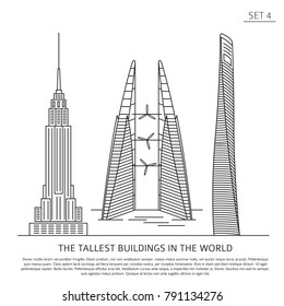 The tallest buildings in the world. Skyscrapers simple line icon set isolated on white. Vector illustration