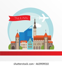 Tallin Estonia detailed silhouette. Trendy vector illustration, flat style. Stylish colorful landmarks. The concept for a web banner.