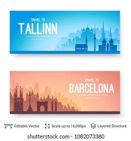 Tallín y los paisajes famosos de Barcelona. Siluetas planas bien conocidas. Ilustración vectorial fácil de editar para volantes o banners web.