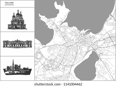 Tallinn city map with hand-drawn architecture icons. All drawigns, map and background separated for easy color change. Easy repositioning in vector version.