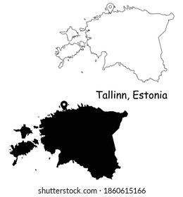 Tallinn Estonia. Detailed Country Map with Location Pin on Capital City. Black silhouette and outline maps isolated on white background. EPS Vector