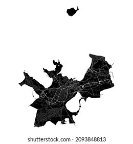 Tallinn, Estonia, high resolution vector map with city boundaries, and editable paths. The city map was drawn with white areas and lines for main roads, side roads and watercourses on  black