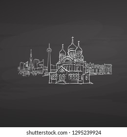 Tallinn Estonia signs on blackboard. Digital chalk drawn vector sketch on blackboard. European capitals destinations.