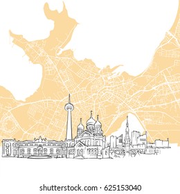 Tallinn Estonia Skyline Map, One Color Scalable Vector Art Print with Urban Cityscape Illustration