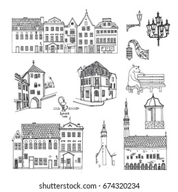 Tallinn, Estonia. Vector sketch old town. Hand drawn buildings, architectural elements.