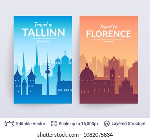 Tallinn and Florence famous city scapes. Flat well known silhouettes. Vector illustration easy to edit for flyers or web banners.