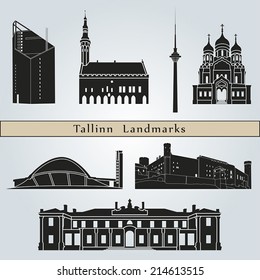 Tallinn landmarks and monuments isolated on blue background in editable vector file