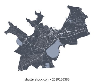 Tallinn map. Detailed vector map of Tallinn city administrative area. Cityscape poster metropolitan aria view. Dark land with white streets, roads and avenues. White background.