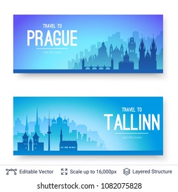 Tallinn and Prague famous city scapes. Flat well known silhouettes. Vector illustration easy to edit for flyers or web banners.