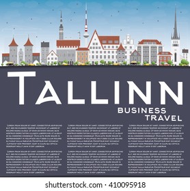 Tallinn Skyline with Gray Buildings, Blue Sky and Copy Space. Vector Illustration. Business Travel and Tourism Concept with Historic Buildings. Image for Presentation Banner Placard and Web Site.