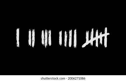 Tally mark. Hand-drawn lines or sticks drawn with chalk on a chalk board, strokes sorted by four and crossed out. Vector illustration.