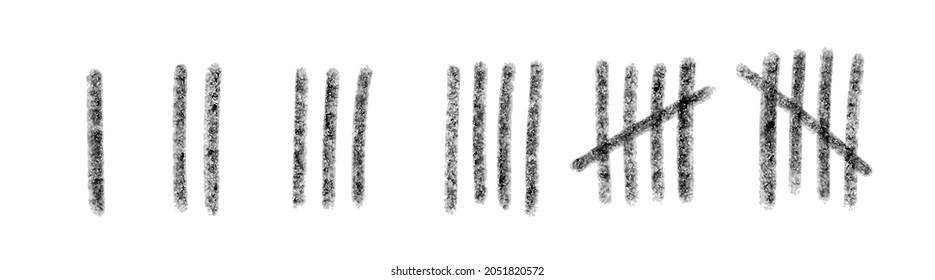 Tally mark number lines on the wall. Hand drawn sticks for counting time in prison. Vector illustration design set.