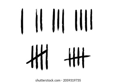 Tally mark number lines on the wall. Hand drawn sticks for counting time in prison. Vector illustration design set.