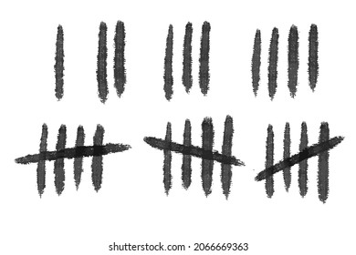 Tally mark number lines on the wall. Hand drawn sticks for counting time in prison. Vector illustration design set.