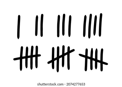 Tally mark number lines on the wall. Hand drawn sticks for counting time in prison. Vector illustration design set.