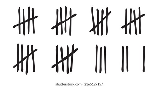 Tally Mark On Prison Wall, Count Day Vector Icon, Slash Line And Sticks Hand Drawn Sorted By Four And Crossed Out. Simple Illustration Isolated On White Background