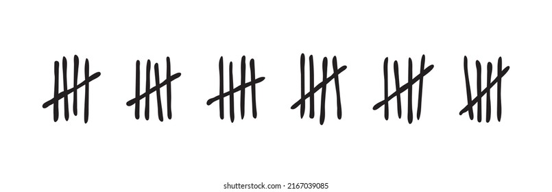 Tally mark on prison wall, count day vector icon, slash line and sticks hand drawn sorted by four and crossed out. Black and white simple illustration 