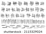 Tally mark. Prison counting lines set, black slash scratches on the wall. Hand drawn crossed out tally marks, jail grunge outline numbers on white background, vector illustration.