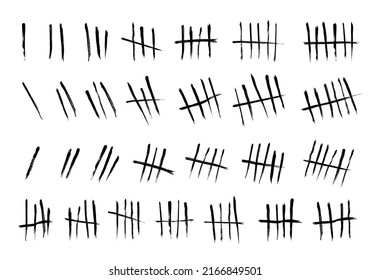 Tally mark. Prison counting lines set, black slash scratches on the wall. Hand drawn crossed out tally marks, jail grunge outline numbers on white background, vector illustration.