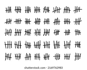 Tally mark. Prison counting lines set, black slash scratches on the wall. Hand drawn crossed out tally marks, jail outline numbers on white background, vector illustration.