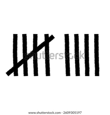 Tally mark. Prison counting lines, black slash scratches on the wall. Hand drawn crossed out tally marks, jail grunge outline numbers on white background, vector illustration.	
