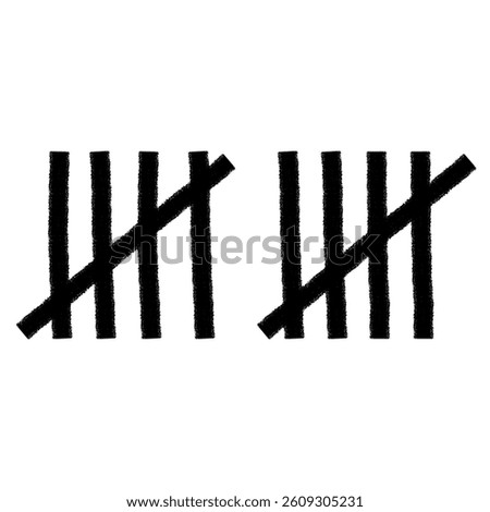 Tally mark. Prison counting lines, black slash scratches on the wall. Hand drawn crossed out tally marks, jail grunge outline numbers on white background, vector illustration.	
