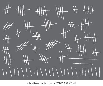 Tally mark.A set of strokes, a count of marks is counted. Chalk on a gray background sticks the line counter on the wall. Vector hashes icons for prisons or desert islands, countdown, waiting. 