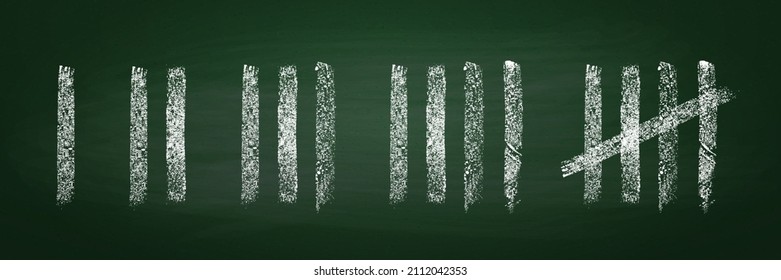 Tally marks count Chalk on a Green chalkboard wall sticks lines counter. Vector hash marks icons of jail or desert island lost day tally numbers counting in slash lines