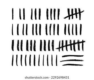 Tally marks count or prison wall sticks lines counter. Brush drawn prison or jail wall counting lines. Vector hand drawn chalk stripes with slash strokes. Black ink illustration. Grunge numbers.