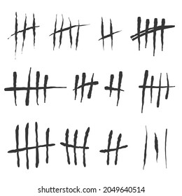 Tally marks. Counting signs on the walls of the prison. Notches for marking the days. Vector illustration on white background.