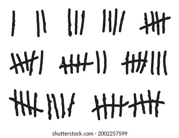 Tally marks, counting signs set 1-10 isolated on white background. Prison wall sticks lines counter. Vector illustration.