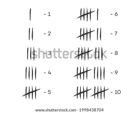 Tally marks, counting signs set 1-10 isolated on white background. Vector 10 eps