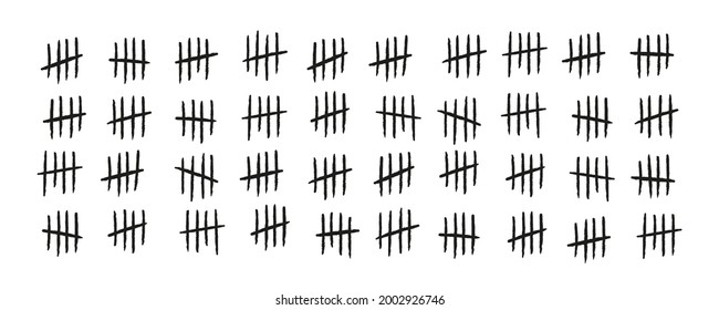 Tally marks. Hand drawn lines or sticks sorted by four and crossed out. Simple mathematical count visualization, prison or jail wall counter. Vector illustration isolated on white background.