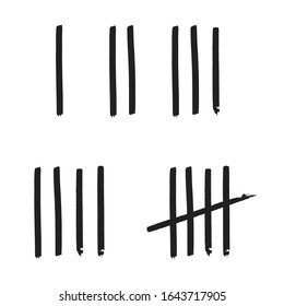 Tally marks on white board hand drawn dirty art style vector illustration set.