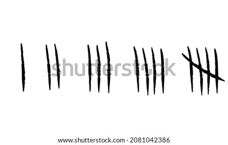 Tally marks. Prison sticks lines counter on wall. Jail sign. Scratch Five line. Hand drawn crossed out strokes.