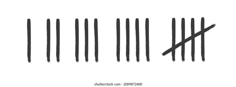 Tally marks prison wall set isolated on white background. Counting signs. Vector 10 eps